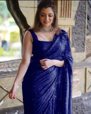 Bhojal Creation Embroidered, Embellished Bollywood Georgette Saree(Blue)