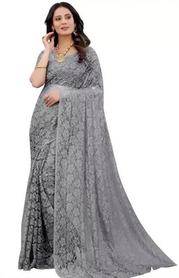 SwiftStyle Solid/Plain Daily Wear Net Saree(Grey)