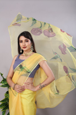 b bella creation Printed Daily Wear Organza Saree(Yellow)