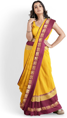 Shruti Bandhani Solid/Plain Narayanpet Cotton Silk Saree(Mustard)