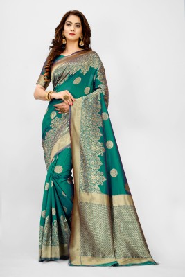 GINNYPRINTS Self Design, Floral Print, Embellished, Woven, Applique Kanjivaram Jacquard, Pure Silk Saree(Light Green)