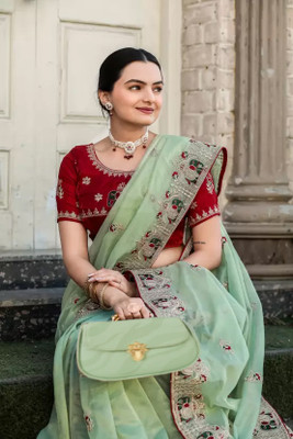 JOVTY Embroidered Bollywood Net Saree(Light Green)