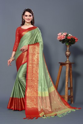 Wamsi Woven Banarasi Cotton Silk, Art Silk Saree(Light Green, Red)