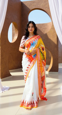 VEERACOLLECTION Digital Print Daily Wear Pure Cotton Saree(White)