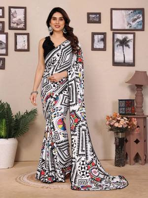 RAJESHWAR FASHION Geometric Print, Floral Print, Digital Print Bollywood Silk Blend Saree(Black, White)