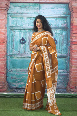 JAIPURI BLOCK PRINT Printed Daily Wear Pure Cotton Saree(Brown)