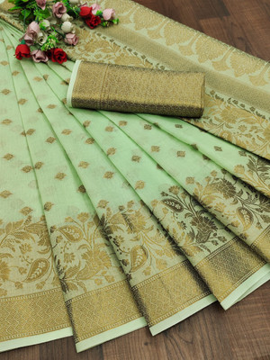 NIYAMI Printed, Self Design, Woven, Floral Print Kanjivaram Jacquard, Cotton Silk Saree(Light Green)