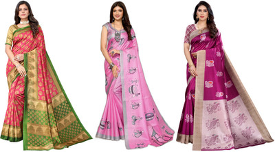 Nirvaan Printed, Woven Mysore Art Silk Saree(Pack of 3, Pink, Purple)