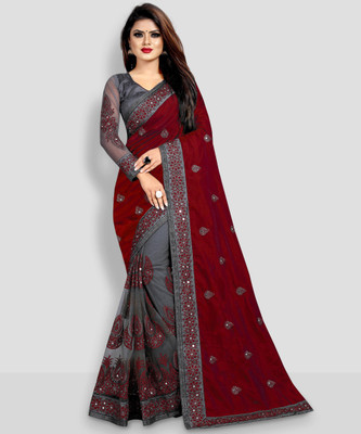 b bella creation Embroidered, Embellished Bollywood Net Saree(Maroon, Grey)