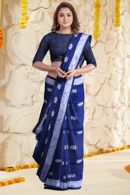 HouseOfCommon Self Design, Solid/Plain Handloom Cotton Blend Saree(Blue)