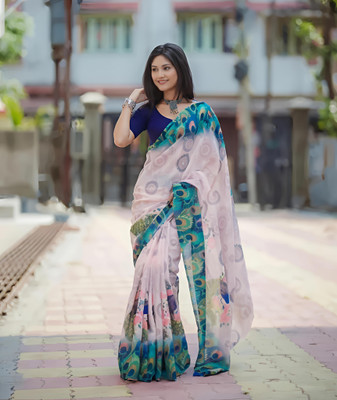 VCREATION Digital Print Bollywood Cotton Linen Saree(Multicolor)
