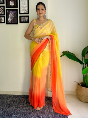 SICHYAH Solid/Plain, Ombre Bollywood Georgette Saree(Yellow, Orange)