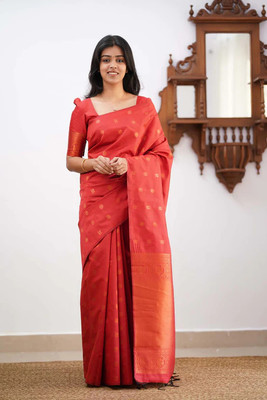 Shoponbit Printed Banarasi Pure Silk Saree(Red)