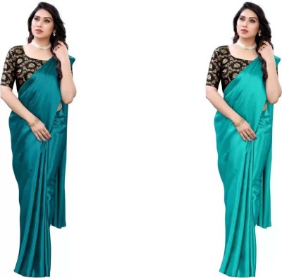 Aruna Sarees Solid/Plain Bollywood Satin Saree(Multicolor, Light Blue)