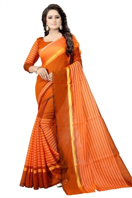 Suali Striped Bollywood Cotton Blend Saree(Orange)