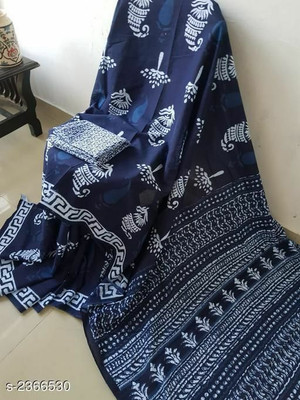 NIKHILAM Printed Ikkat Pure Cotton Saree(Light Blue)