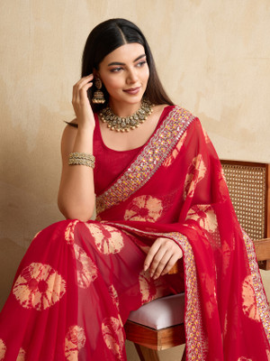 sareya veela Blocked Printed Bandhani Georgette Saree(Red)