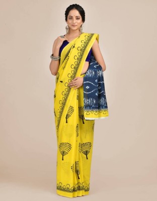 Cotton Mulmul Saree Hub Blocked Printed, Self Design, Dyed, Printed, Floral Print, Color Block Daily Wear Pure Cotton Saree(Yellow)