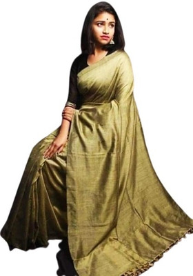 Radha Krishna Saree Solid/Plain Handloom Cotton Silk Saree(Beige)