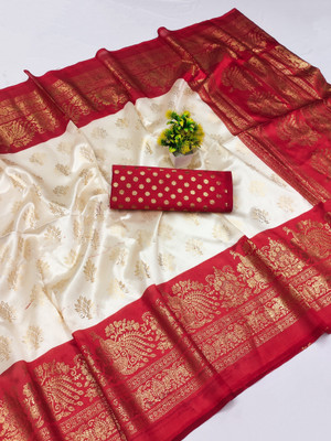 Kanooda Prints Printed, Woven Mysore Art Silk Saree(White, Red)