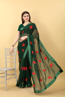 RE Renny Enterprise Embroidered Bollywood Georgette Saree(Dark Green)