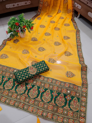 balaji textiles Embroidered, Embellished Bollywood Silk Blend Saree(Yellow)