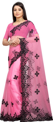 Yashvi Designer Embroidered Bollywood Net Saree(Pink)