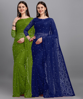 LOROFY Self Design Bollywood Net, Brasso Saree(Pack of 2, Multicolor)