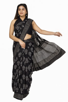 NIKHILAM Blocked Printed, Color Block, Dyed, Floral Print, Printed Daily Wear Pure Cotton Saree(Black)