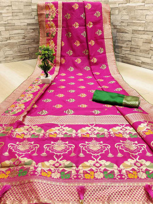 Kanooda Prints Printed Banarasi Jacquard Saree(Multicolor)