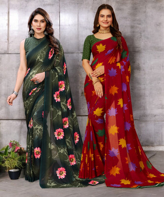 AMBUJAINTERNATIONAL Printed Bollywood Georgette Saree(Pack of 2, Multicolor)