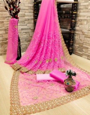 WEARSIXTY Embroidered, Embellished Bollywood Net Saree(Pink)