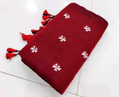 Rnn Saree Embroidered Handloom Pure Cotton Saree(Maroon)