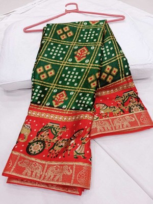 vani's studio Printed Bandhani Dupion Silk Saree(Green, Red)