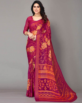 HouseOfCommon Printed, Blocked Printed Regular Sari Georgette, Chiffon Saree(Maroon)