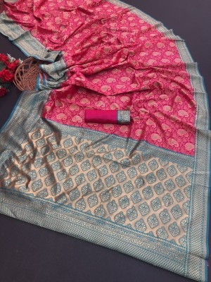 DURGA TEXTILE Printed, Self Design, Embellished, Woven, Floral Print, Blocked Printed Kanjivaram Jacquard, Silk Blend Saree(Pink)