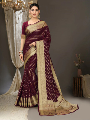 FAB WOVEN Printed Banarasi Silk Blend Saree(Maroon)