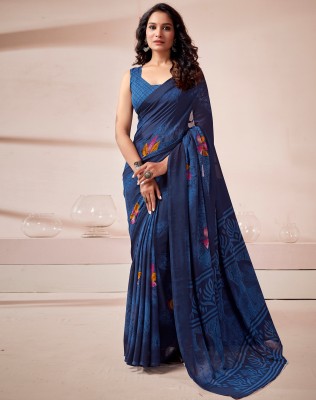 SIRIL Floral Print, Geometric Print, Printed Daily Wear Georgette, Chiffon Saree(Dark Blue)