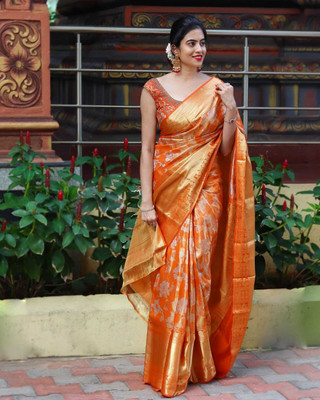 Juhi Collection Self Design Banarasi Art Silk Saree(Orange)