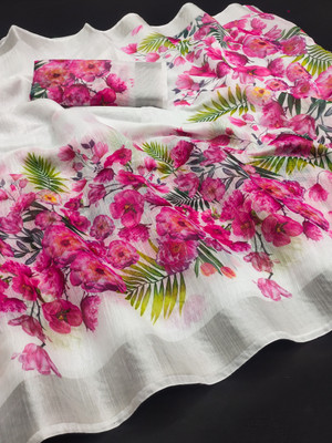 Hema Silk Mills Floral Print Bollywood Cotton Linen Saree(White)