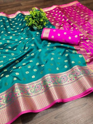 DHABUDI Paisley, Temple Border, Woven Banarasi Pure Silk, Jacquard Saree(Multicolor, Pink)