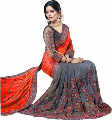 ridhhisa fashion Embroidered Bollywood Net Saree(Orange)