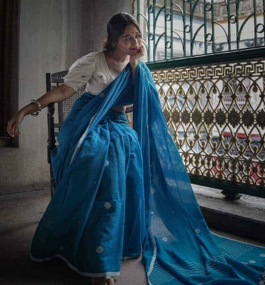 Ghosh handloom Woven Handloom Cotton Linen Saree(Dark Blue)
