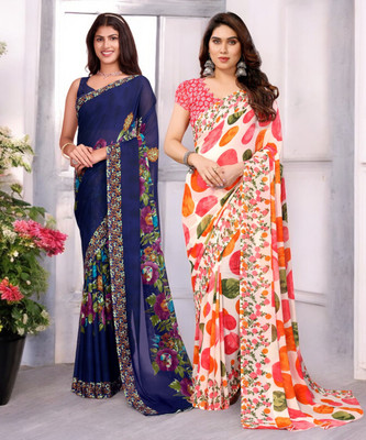 THE URBAN DIVA Printed Bollywood Georgette Saree(Pack of 2, Multicolor)