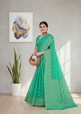 sarees Striped, Woven Paithani Silk Blend Saree(Green)