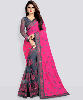 b bella creation Embroidered, Embellished Bollywood Net Saree(Pink, Grey)