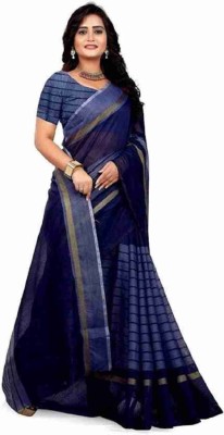 Aarya creation Striped Assam Silk Cotton Linen Saree(Blue)