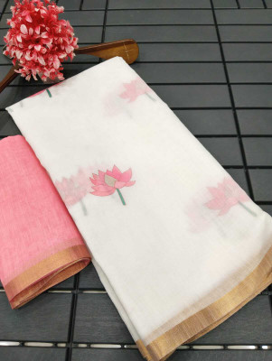 Gajal Printed Kanjivaram Cotton Linen Saree(White)