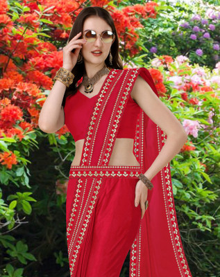 Chhavi Fashion Solid/Plain Banarasi Chiffon Saree(Red)