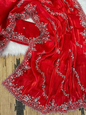 Grinovi Embroidered Bollywood Net Saree(Red)